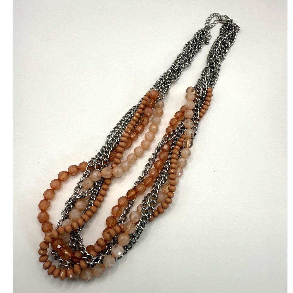 NY Multi-Strand Beaded‎ & Chain Necklace – Peach Tone Statement Jewelry